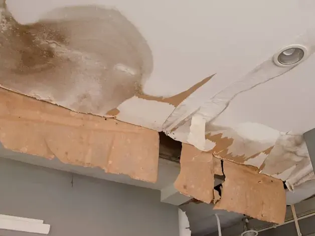 Water-stained ceiling drywall sagging and torn open after a leak from above