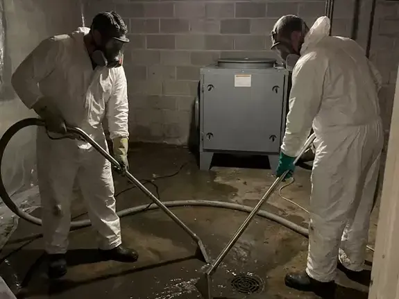 Technicians in protective suits and respirators extracting a sewage backup